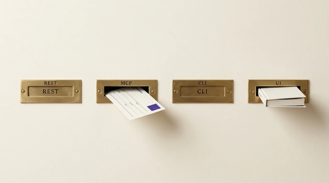 Brass mail slots labelled REST, MCP, CLI, UI