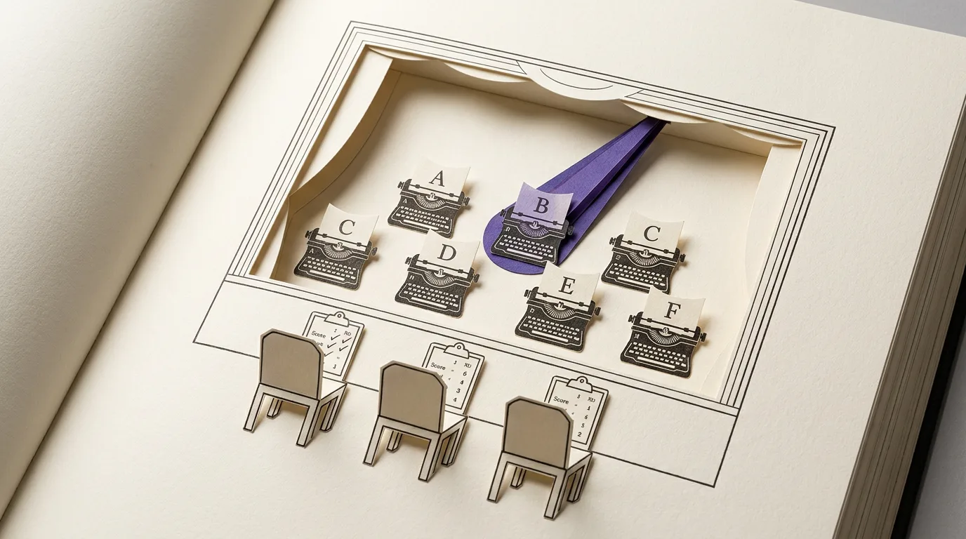 Six masked typewriters on a small paper stage before judges