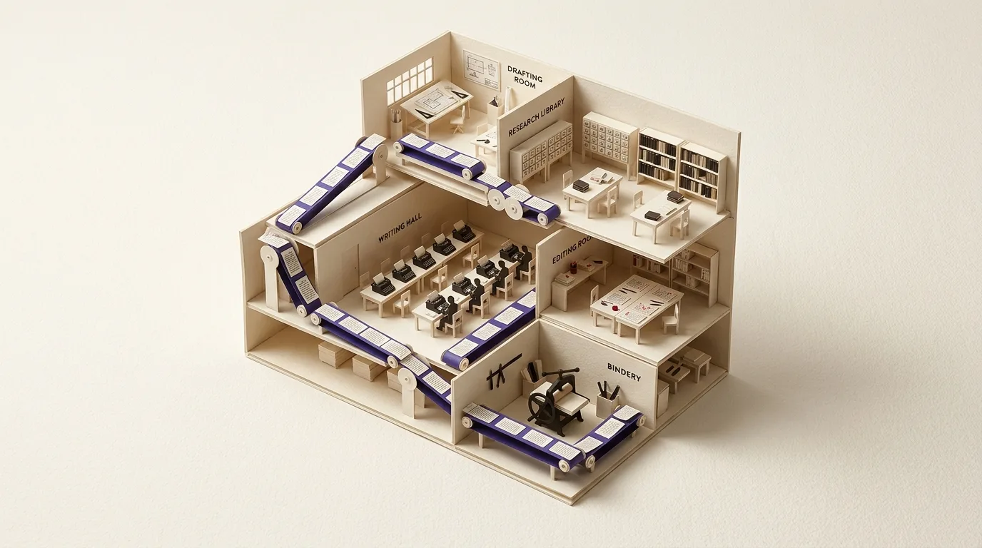 Paper-craft cutaway of the book factory