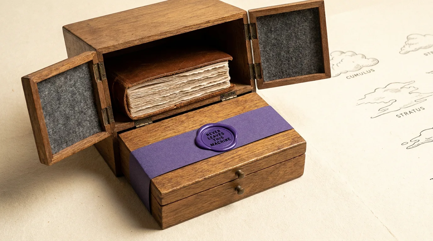 A manuscript in a wooden cabinet sealed with a violet wax stamp