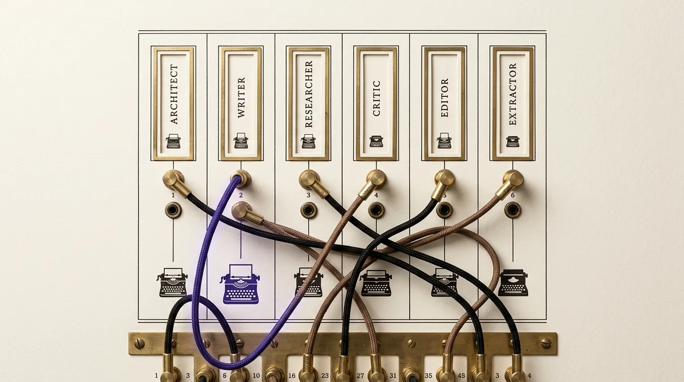 A paper switchboard routing roles to different typewriters