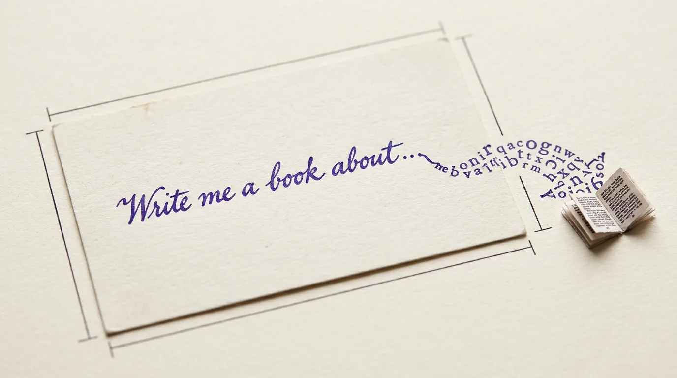 A handwritten index card whose sentence dissolves into flying typeset letters