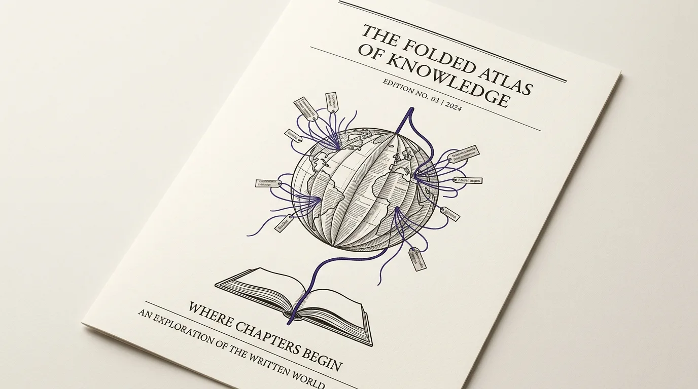 A paper globe with violet threads feeding a book